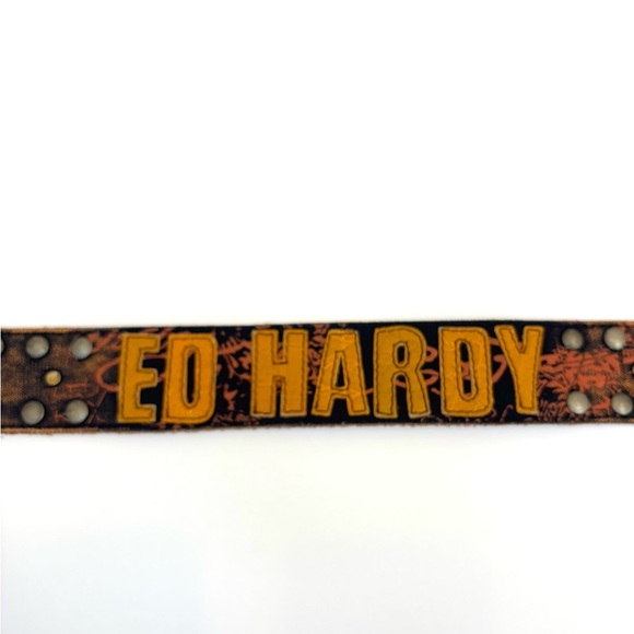 Vintage Y2K Ed Hardy Studded Leather Belt Handmade Logo Print Rare Size Large main image 5